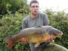 Nick Mackie 38lbs 8oz Common Carp, Self Prepared.. Wadered out onto clear gravel patch becide bed of weed, hookbait droped on a diner plate sized clear spot with free baits spread around it. 30 mins